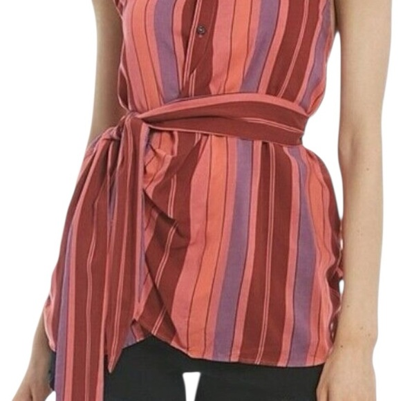 Free People Mackenzie striped point collar sleeveless tie wrap blouse - Picture 1 of 12